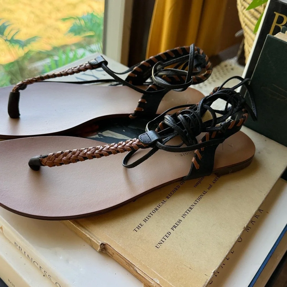 Anthropologie Braided Leather Lace Up Gladiator Sandals Black Tan Women 40